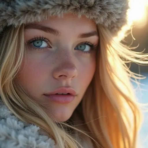 AI generated close up of a young beautiful blond woman by the sea, her hair is backlit by sun and blown by wind