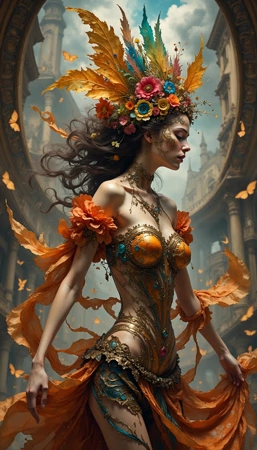 FLUX-generated portrait a woman in a colorful carnival dress