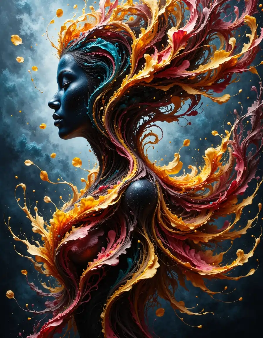 Profile of a woman with deep blue skin, her hair swirling in vibrant, flowing colors like liquid paint in shades of orange, yellow, red, and teal, set against a dark, cloudy background