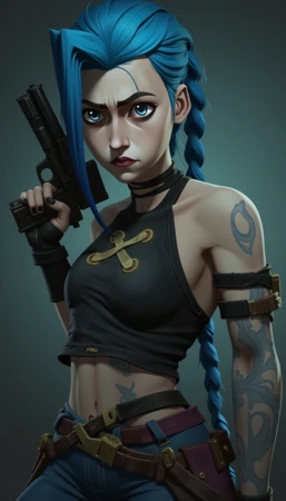 FLUX-generated picture of Jinx from Netflix's Arcane in geen-blue tones