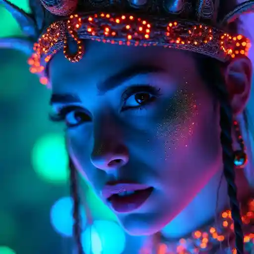 Close-up of a woman wearing a vibrant, glowing headdress adorned with intricate details. The image has a dreamlike quality with a blend of neon colors, predominantly blue and orange, illuminating her face. Her skin sparkles with iridescent glitter, emphasizing her ethereal and mystical appearance. The background is blurred, featuring soft, colorful bokeh lights that enhance the surreal, fantasy-like atmosphere. Generated with Flux-1 model.