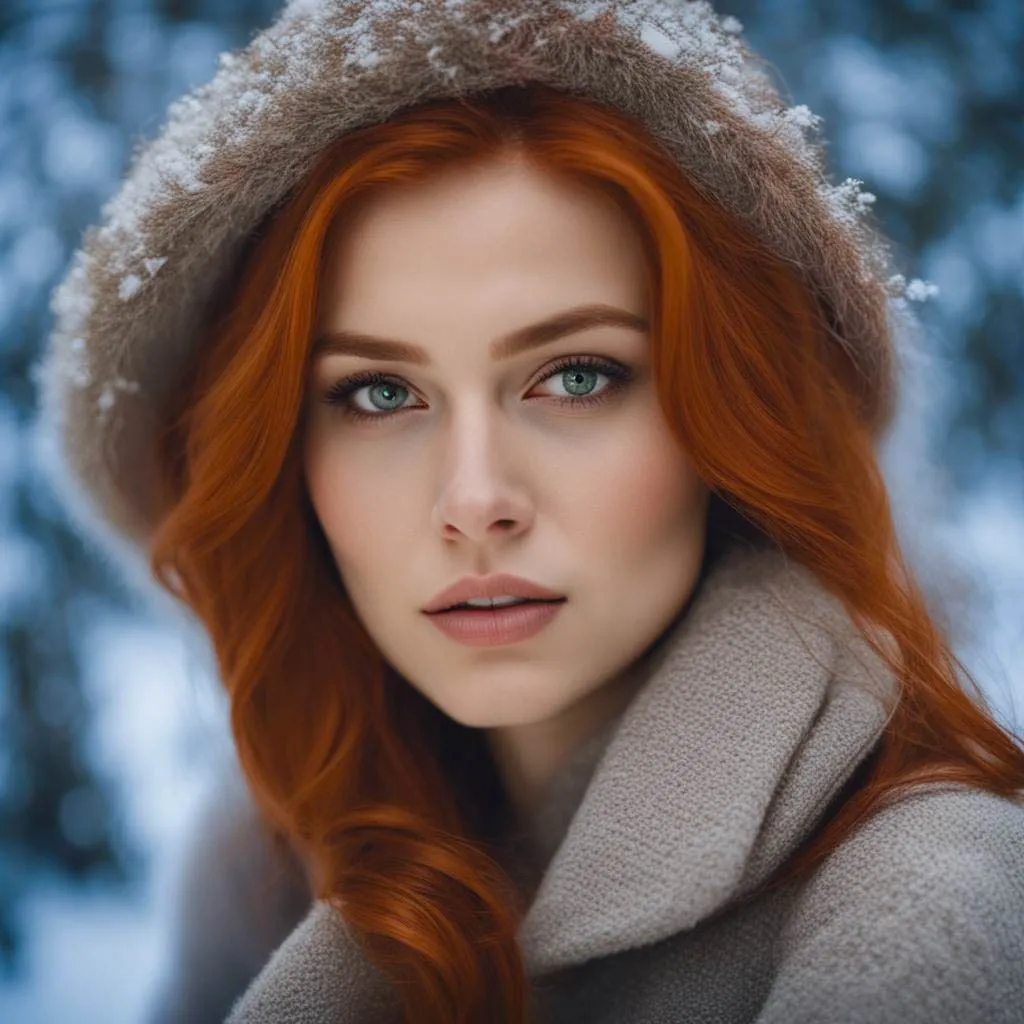AI generated close up of a young stunning gingerhead woman in winter forest, her head is covered by the fur hood