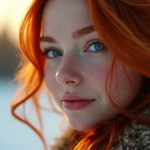 AI generated close up of a young stunning gingerhead woman in winter forest, her head is covered by the fur hood