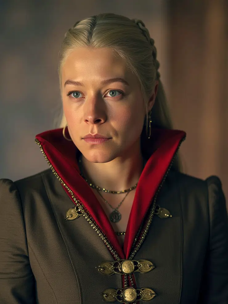 FLUX.1-generated close-up Rhaenyra Targaryen as portrayed by Emma D’Arcy her hair styled back, she is wearing a dark coat with a high red collar and ornate clasps, staring intensely slightly to her right.