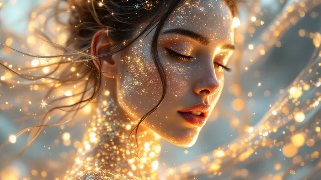Close-up of a woman wearing a vibrant, glowing headdress adorned with intricate details. The image has a dreamlike quality with a blend of neon colors, predominantly blue and orange, illuminating her face. Her skin sparkles with iridescent glitter, emphasizing her ethereal and mystical appearance. The background is blurred, featuring soft, colorful bokeh lights that enhance the surreal, fantasy-like atmosphere. Generated with Flux-1 model.