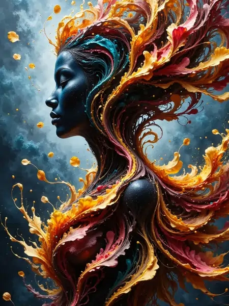 AI-generated profile of a woman with deep blue skin, her hair swirling in vibrant, flowing colors like liquid paint in shades of orange, yellow, red, and teal, set against a dark, cloudy background